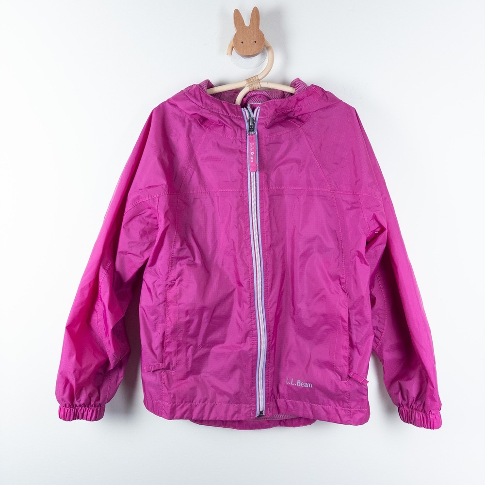 LL Bean Classic Nylon Hooded Windbreaker Rain Jacket Bright Pink Kids‎ 6-7